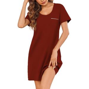 imageEkouaer Womens Nightgown Nightshirts Short Sleeve Sleepwear Round Neck Sleepshirt with Chest PocketWine Red