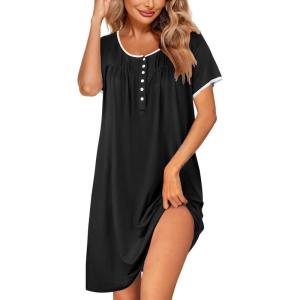 imageEkouaer Womens Nightgown Short Sleeve Sleepshirts Lace Nightshirts Button Down Sleep Dress with Pockets Casual SleepwearBlack
