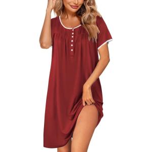 imageEkouaer Womens Nightgown Short Sleeve Sleepshirts Lace Nightshirts Button Down Sleep Dress with Pockets Casual SleepwearWine Red