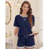 imageEkouaer Pajamas for Women Short Sleeve Pjs Sets Crewneck Striped Tops and Shorts 2 Piece Lounge Sets with Pockets SXXLSolidnavy Blue