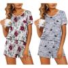 imageEkouaer 2 Pack Womens Pajama Sets Short Sleeve Top with Shorts Soft Pj Comfy Sleepwear Chest PocketWine Red FlowerGrey Owl