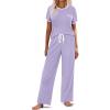 imageEkouaer Women Lounge Pajamas Sets Ribbed Knit PJ Short Sleeve and Long Pajama Pant Soft 2 Piece Sleepwear Loungwear SetLilac