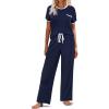 imageEkouaer Women Lounge Pajamas Sets Ribbed Knit PJ Short Sleeve and Long Pajama Pant Soft 2 Piece Sleepwear Loungwear SetNavy Blue