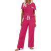 imageEkouaer Women Lounge Pajamas Sets Ribbed Knit PJ Short Sleeve and Long Pajama Pant Soft 2 Piece Sleepwear Loungwear SetRose