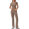imageEkouaer Womens Lounge Sets 2 Piece Outfits Short Sleeve Crops FoldOver Flare Pants Loungewear Sweatsuit Skim SetsBrown