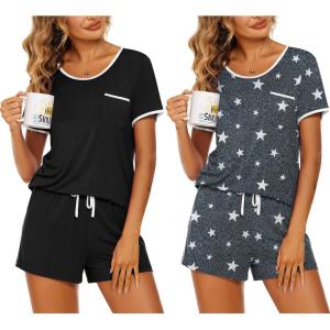 imageEkouaer 2 Pack Womens Pajama Sets Short Sleeve Top with Shorts Soft Pj Comfy Sleepwear Chest PocketBlackGrey Stars