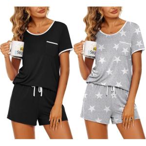 imageEkouaer 2 Pack Womens Pajama Sets Short Sleeve Top with Shorts Soft Pj Comfy Sleepwear Chest PocketBlackLight Gary Stars