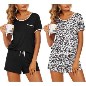 imageEkouaer 2 Pack Womens Pajama Sets Short Sleeve Top with Shorts Soft Pj Comfy Sleepwear Chest PocketBlackWhite Leopard