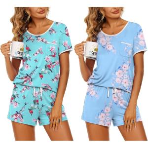 imageEkouaer 2 Pack Womens Pajama Sets Short Sleeve Top with Shorts Soft Pj Comfy Sleepwear Chest PocketBlue FlowerLight Blue Flower