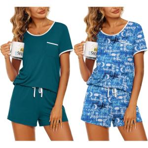 imageEkouaer 2 Pack Womens Pajama Sets Short Sleeve Top with Shorts Soft Pj Comfy Sleepwear Chest PocketBlue GreenBlue Good Night