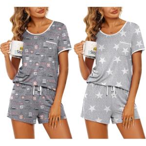 imageEkouaer 2 Pack Womens Pajama Sets Short Sleeve Top with Shorts Soft Pj Comfy Sleepwear Chest PocketGrey CoffeeLight Gary Stars