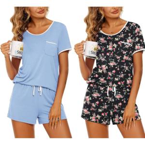 imageEkouaer 2 Pack Womens Pajama Sets Short Sleeve Top with Shorts Soft Pj Comfy Sleepwear Chest PocketLight BlueBlack Flower