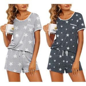 imageEkouaer 2 Pack Womens Pajama Sets Short Sleeve Top with Shorts Soft Pj Comfy Sleepwear Chest PocketLight Gary StarsGrey Stars