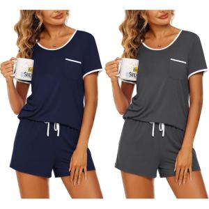 imageEkouaer 2 Pack Womens Pajama Sets Short Sleeve Top with Shorts Soft Pj Comfy Sleepwear Chest PocketNavy BlueGrey