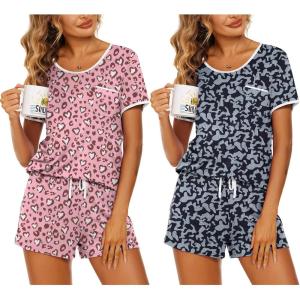 imageEkouaer 2 Pack Womens Pajama Sets Short Sleeve Top with Shorts Soft Pj Comfy Sleepwear Chest PocketPink LeopardBlack Leopard
