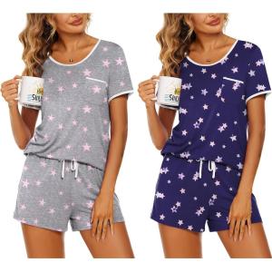 imageEkouaer 2 Pack Womens Pajama Sets Short Sleeve Top with Shorts Soft Pj Comfy Sleepwear Chest PocketPink StarsPurple Stars