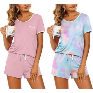 imageEkouaer 2 Pack Womens Pajama Sets Short Sleeve Top with Shorts Soft Pj Comfy Sleepwear Chest PocketPinkTie Dye