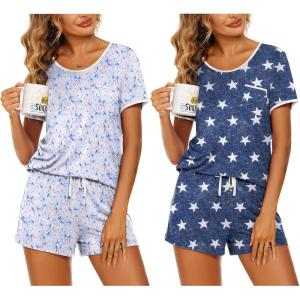 imageEkouaer 2 Pack Womens Pajama Sets Short Sleeve Top with Shorts Soft Pj Comfy Sleepwear Chest PocketWhite ButterflyBlue Star