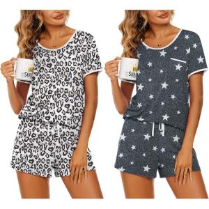 imageEkouaer 2 Pack Womens Pajama Sets Short Sleeve Top with Shorts Soft Pj Comfy Sleepwear Chest PocketWhite LeopardGrey Stars