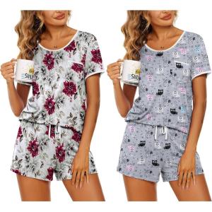 imageEkouaer 2 Pack Womens Pajama Sets Short Sleeve Top with Shorts Soft Pj Comfy Sleepwear Chest PocketWine Red FlowerGrey Owl