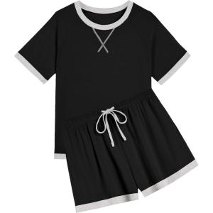imageEkouaer Pajamas for Women Short Sleeve Pjs Sets Crewneck Striped Tops and Shorts 2 Piece Lounge Sets with Pockets SXXLSolidblack