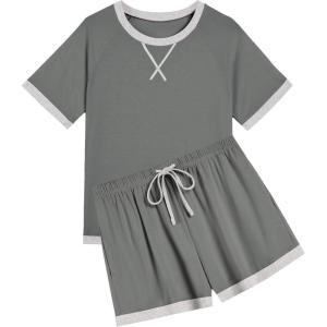 imageEkouaer Pajamas for Women Short Sleeve Pjs Sets Crewneck Striped Tops and Shorts 2 Piece Lounge Sets with Pockets SXXLSoliddark Grey