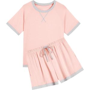 imageEkouaer Pajamas for Women Short Sleeve Pjs Sets Crewneck Striped Tops and Shorts 2 Piece Lounge Sets with Pockets SXXLSolidpink