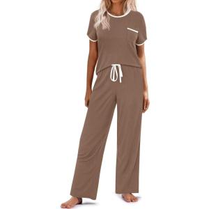 imageEkouaer Women Lounge Pajamas Sets Ribbed Knit PJ Short Sleeve and Long Pajama Pant Soft 2 Piece Sleepwear Loungwear SetBrown