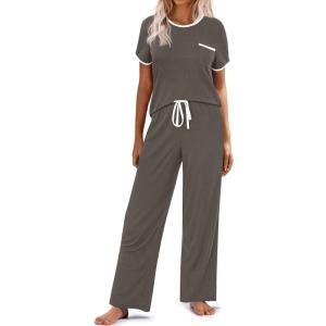 imageEkouaer Women Lounge Pajamas Sets Ribbed Knit PJ Short Sleeve and Long Pajama Pant Soft 2 Piece Sleepwear Loungwear SetCharcoal Grey