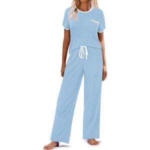 imageEkouaer Women Lounge Pajamas Sets Ribbed Knit PJ Short Sleeve and Long Pajama Pant Soft 2 Piece Sleepwear Loungwear SetClear Blue
