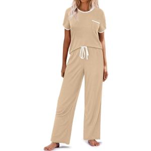 imageEkouaer Women Lounge Pajamas Sets Ribbed Knit PJ Short Sleeve and Long Pajama Pant Soft 2 Piece Sleepwear Loungwear SetDark Khaki