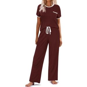 imageEkouaer Women Lounge Pajamas Sets Ribbed Knit PJ Short Sleeve and Long Pajama Pant Soft 2 Piece Sleepwear Loungwear SetDark Red