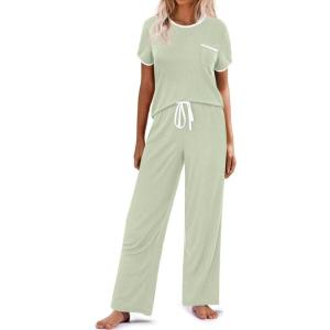 imageEkouaer Women Lounge Pajamas Sets Ribbed Knit PJ Short Sleeve and Long Pajama Pant Soft 2 Piece Sleepwear Loungwear SetLight Green