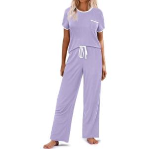 imageEkouaer Women Lounge Pajamas Sets Ribbed Knit PJ Short Sleeve and Long Pajama Pant Soft 2 Piece Sleepwear Loungwear SetLilac