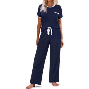 imageEkouaer Women Lounge Pajamas Sets Ribbed Knit PJ Short Sleeve and Long Pajama Pant Soft 2 Piece Sleepwear Loungwear SetNavy Blue