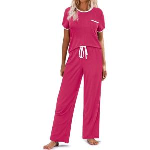 imageEkouaer Women Lounge Pajamas Sets Ribbed Knit PJ Short Sleeve and Long Pajama Pant Soft 2 Piece Sleepwear Loungwear SetRose