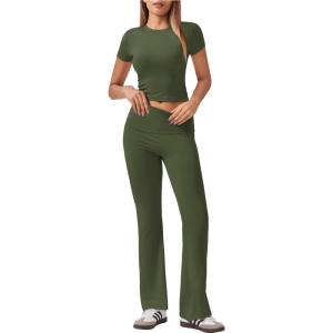imageEkouaer Womens Lounge Sets 2 Piece Outfits Short Sleeve Crops FoldOver Flare Pants Loungewear Sweatsuit Skim SetsArmy Green