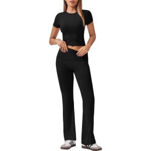 imageEkouaer Womens Lounge Sets 2 Piece Outfits Short Sleeve Crops FoldOver Flare Pants Loungewear Sweatsuit Skim SetsBlack
