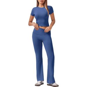 imageEkouaer Womens Lounge Sets 2 Piece Outfits Short Sleeve Crops FoldOver Flare Pants Loungewear Sweatsuit Skim SetsBlue