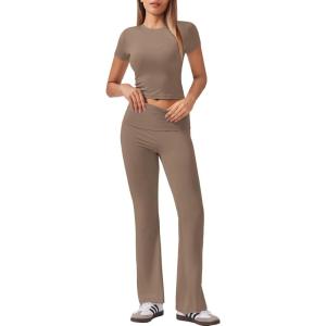 imageEkouaer Womens Lounge Sets 2 Piece Outfits Short Sleeve Crops FoldOver Flare Pants Loungewear Sweatsuit Skim SetsBrown