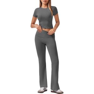 imageEkouaer Womens Lounge Sets 2 Piece Outfits Short Sleeve Crops FoldOver Flare Pants Loungewear Sweatsuit Skim SetsDark Grey