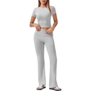 imageEkouaer Womens Lounge Sets 2 Piece Outfits Short Sleeve Crops FoldOver Flare Pants Loungewear Sweatsuit Skim SetsLight Grey