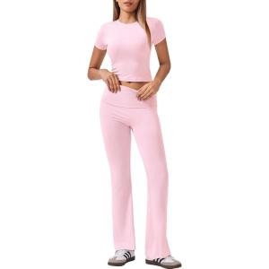 imageEkouaer Womens Lounge Sets 2 Piece Outfits Short Sleeve Crops FoldOver Flare Pants Loungewear Sweatsuit Skim SetsLight Pink