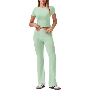 imageEkouaer Womens Lounge Sets 2 Piece Outfits Short Sleeve Crops FoldOver Flare Pants Loungewear Sweatsuit Skim SetsMint Green