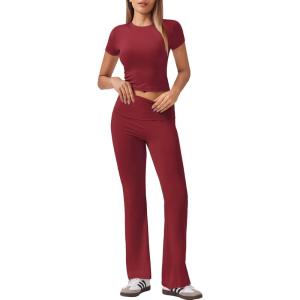 imageEkouaer Womens Lounge Sets 2 Piece Outfits Short Sleeve Crops FoldOver Flare Pants Loungewear Sweatsuit Skim SetsWine Red