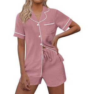 imageEkouaer Womens Pajama Set Short Sleeve Sleepwear Summer Button Down Nightwear Lounge Set Soft Pjs SXXLDark Pink