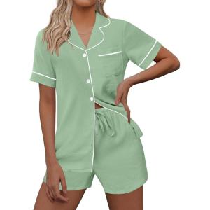 imageEkouaer Womens Pajama Set Short Sleeve Sleepwear Summer Button Down Nightwear Lounge Set Soft Pjs SXXLGossamer Green