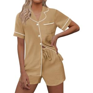 imageEkouaer Womens Pajama Set Short Sleeve Sleepwear Summer Button Down Nightwear Lounge Set Soft Pjs SXXLKhaki