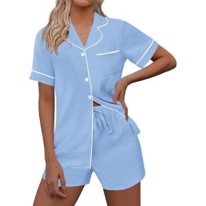 imageEkouaer Womens Pajama Set Short Sleeve Sleepwear Summer Button Down Nightwear Lounge Set Soft Pjs SXXLLight Blue