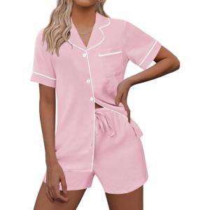 imageEkouaer Womens Pajama Set Short Sleeve Sleepwear Summer Button Down Nightwear Lounge Set Soft Pjs SXXLPink